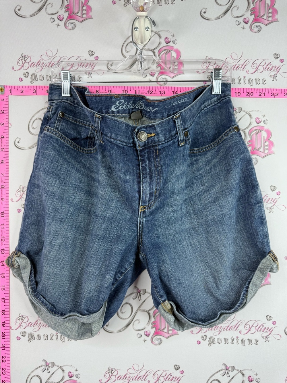 Eddie Bauer shorts denim long style Blue Denim Roll-Tab Jean Shorts